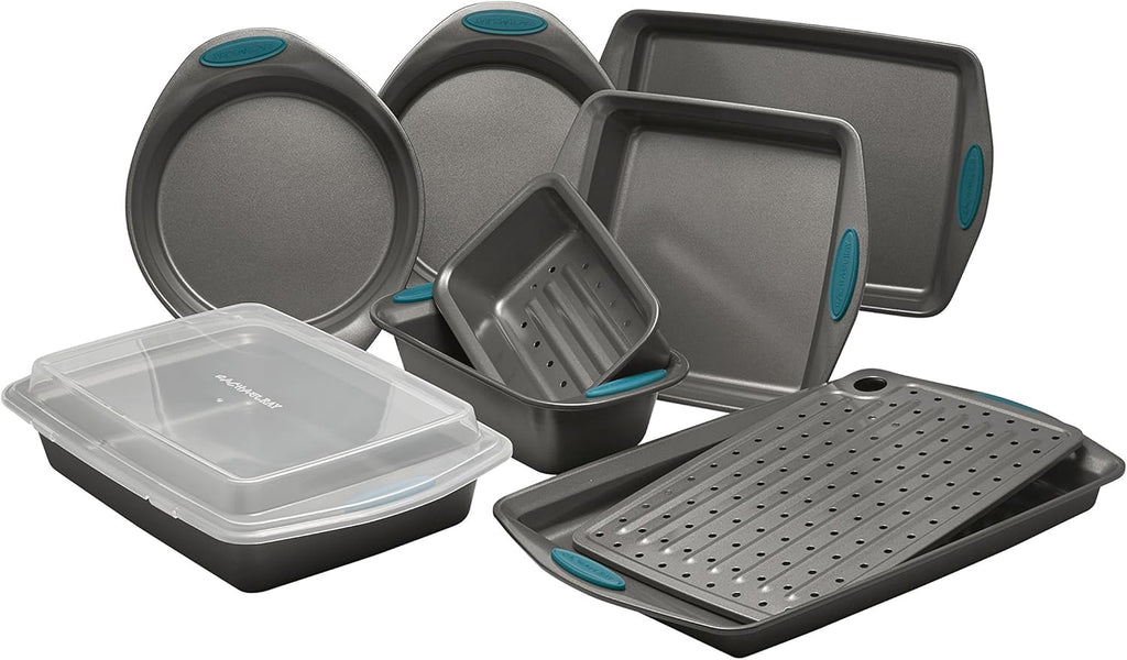 Rachael Ray Nonstick Bakeware Set with Grips includes Nonstick Bread / Baking Pans, Cookie / Baking Sheet and Cake Pans - 10 Piece, Gray with marine blue grips