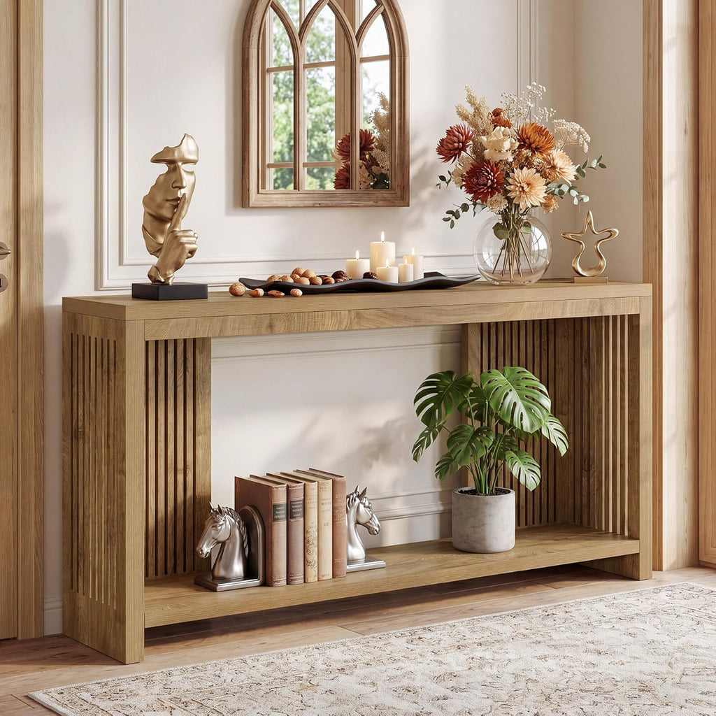 Tribesigns 70.9-Inch Long Entryway Table with 2-Tier Storage, Farmhouse Narrow Sofa Console Table with Vertical Stripe Legs, for Entrance, Entryway, Hallway, Foyer, Behind the Couch, Brown