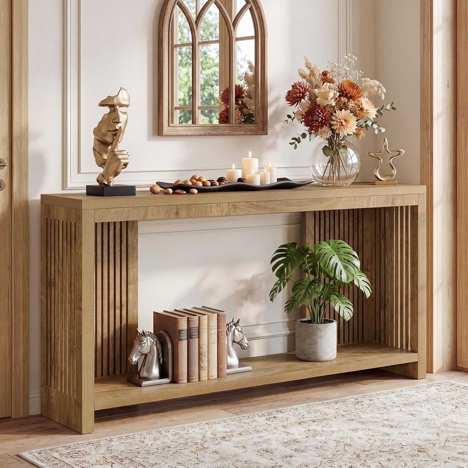 Tribesigns 70.9-Inch Long Entryway Table with 2-Tier Storage, Farmhouse Narrow Sofa Console Table with Vertical Stripe Legs, for Entrance, Entryway, Hallway, Foyer, Behind the Couch, Brown
