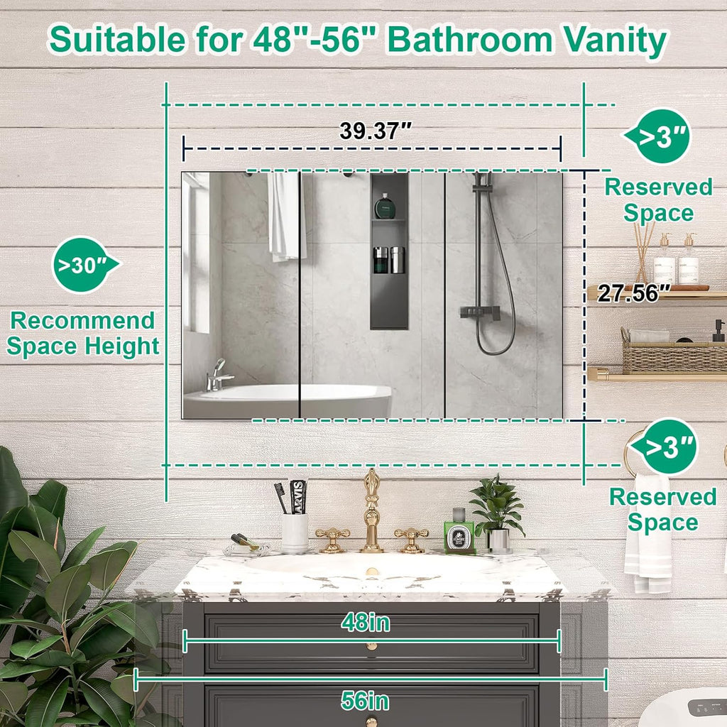 40 x 28 Farmhouse Medicine Cabinet, Tempered Frameless Bathroom Mirror with Storage, Black Recessed or Surface Mount Aluminum Medicine Cabinet for Bathroom Modern-Large