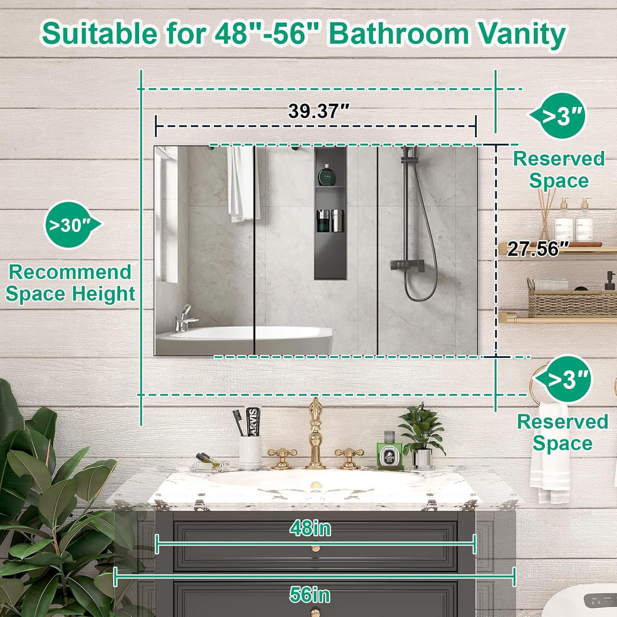 40 x 28 Farmhouse Medicine Cabinet, Tempered Frameless Bathroom Mirror with Storage, Black Recessed or Surface Mount Aluminum Medicine Cabinet for Bathroom Modern-Large