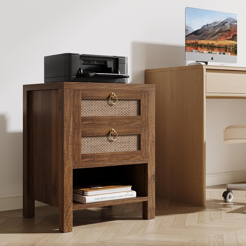 Rattan Night Stand with Drawers - Boho Nightstand with Charging Station, Bedside Table with Storage Shelf, Accent Side Table End Tables Living Room, Wood Nightstands for Bedroom, Walnut