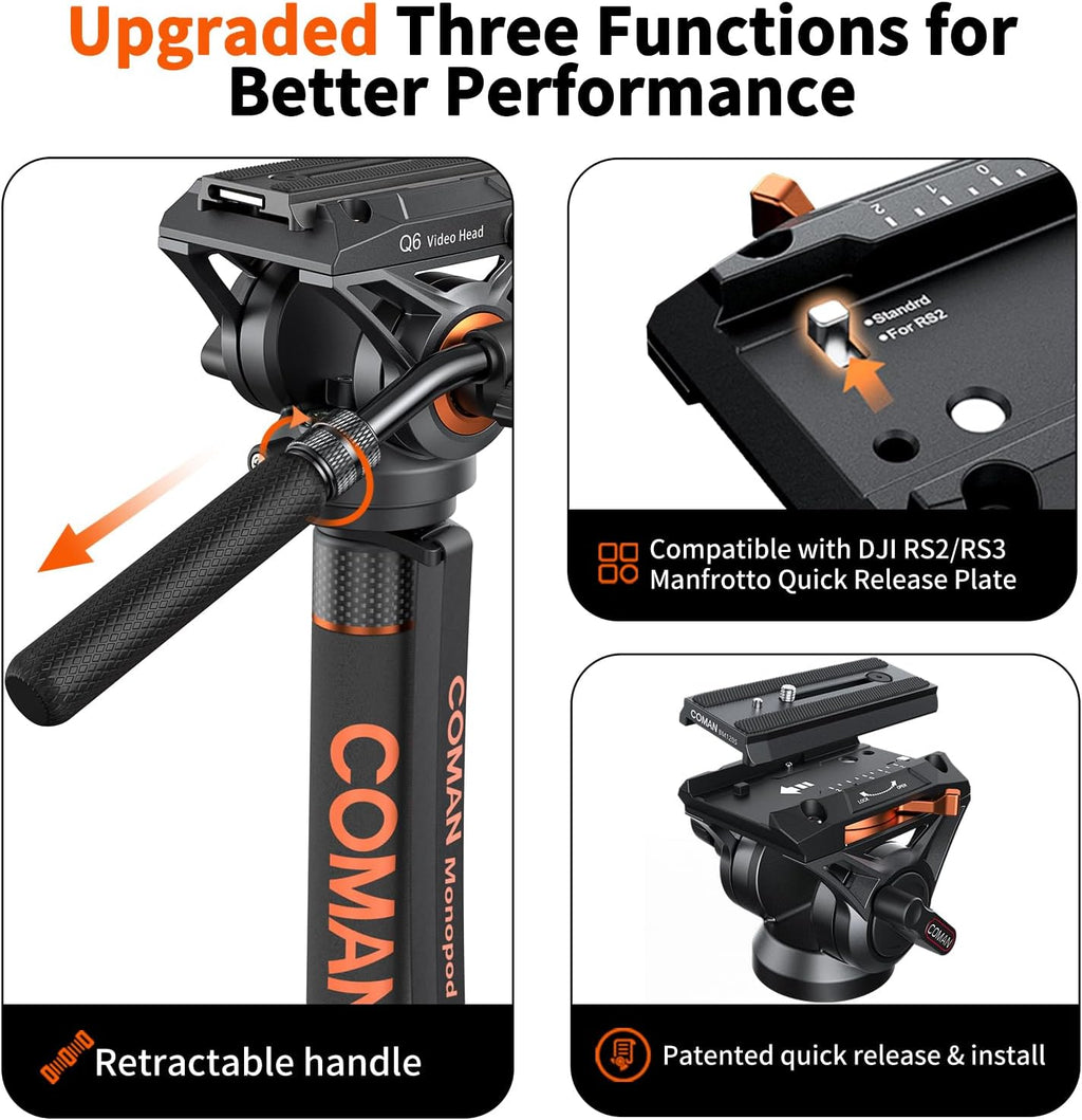 Monopod for Camera, COMAN Camera Monopod with Feet Q6 Fluid Head with Tripod Stand 71.25 inch Max Load 22 Lbs for Photography, Cameras, Canon, Nikon, Sony, DSLR, Video Camcorder