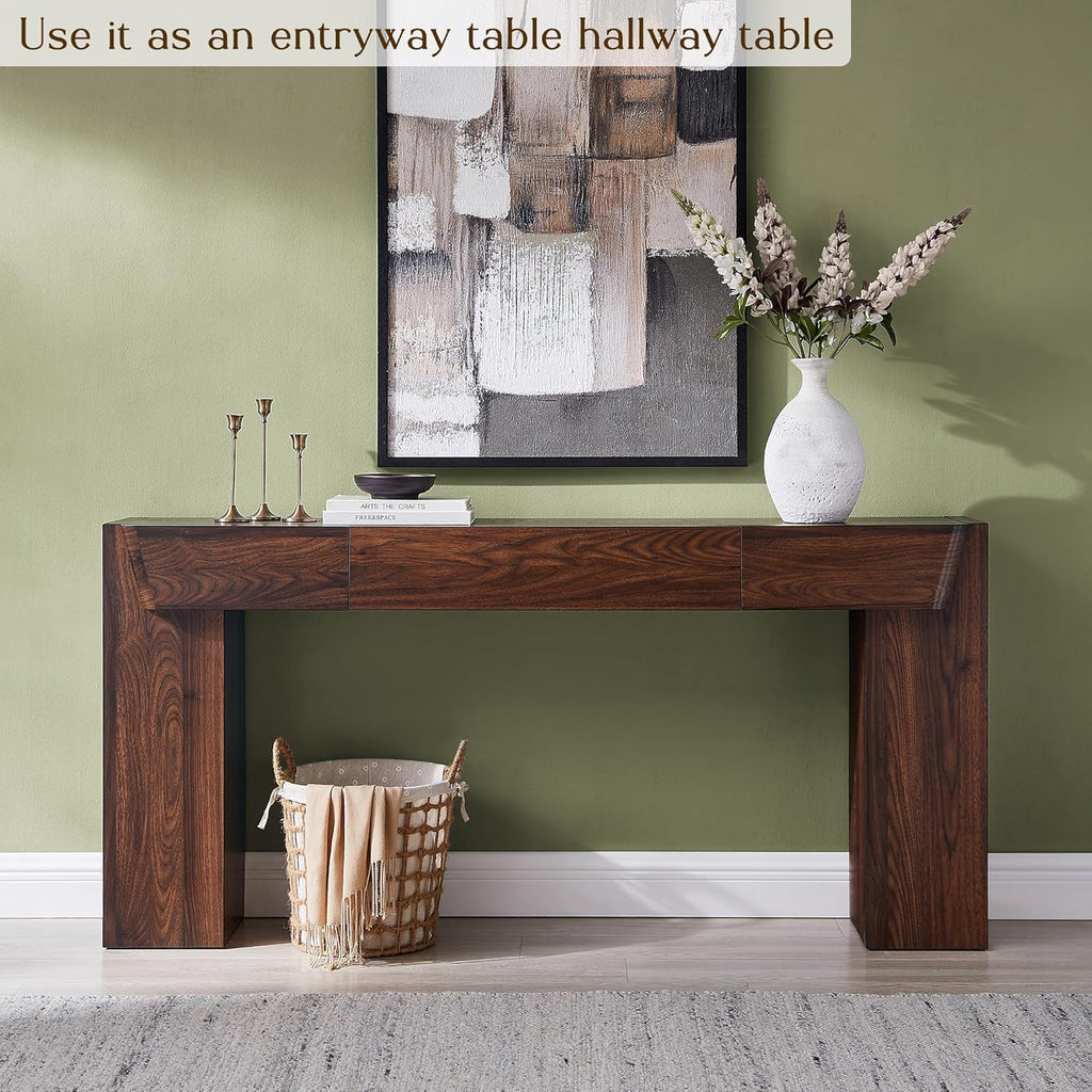 JXQTLINGMU 63" Console Table with Storage Drawer, Modern Entryway Table with Drawers, Thick Wood Legs Design, Sofa Table Behind Couch, Wood Console Tables for Entryway Hallway Living Room, Brown