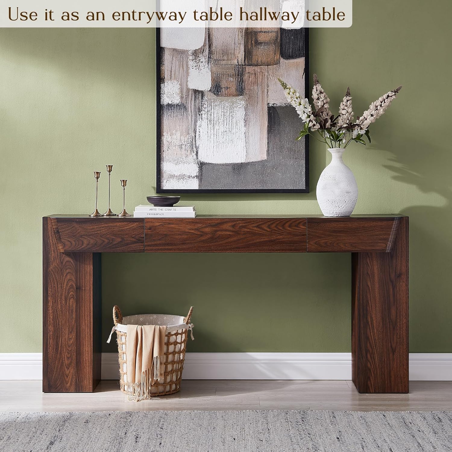 JXQTLINGMU 63" Console Table with Storage Drawer, Modern Entryway Table with Drawers, Thick Wood Legs Design, Sofa Table Behind Couch, Wood Console Tables for Entryway Hallway Living Room, Brown