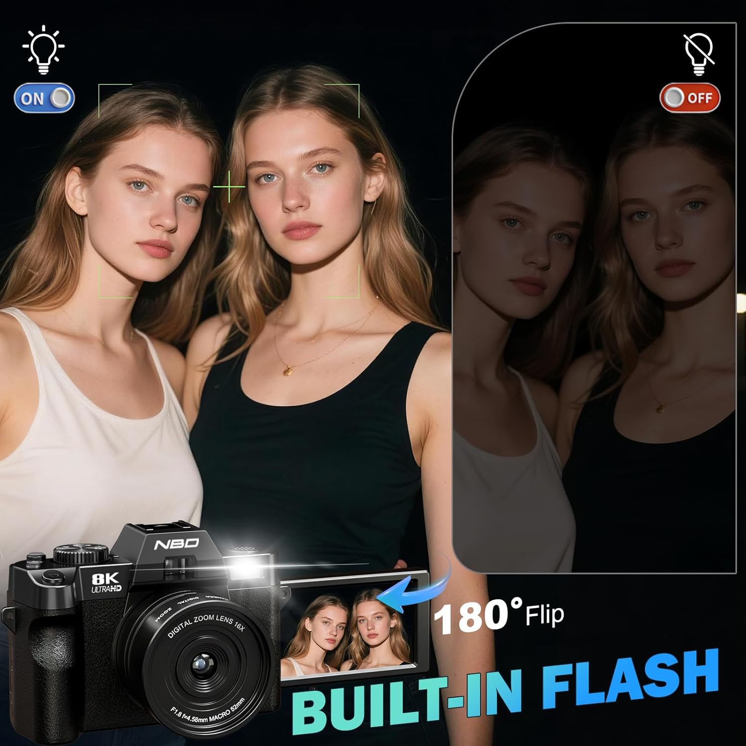 8K Digital Cameras for Photography 64MP - 16X Zoom Autofocus, WiFi, 180° Flip Screen with Wide-Angle & Macro Lens, Vlogging Camera for YouTube Travel with 64GB TF Card, 2 Batteries & Mic (Black)