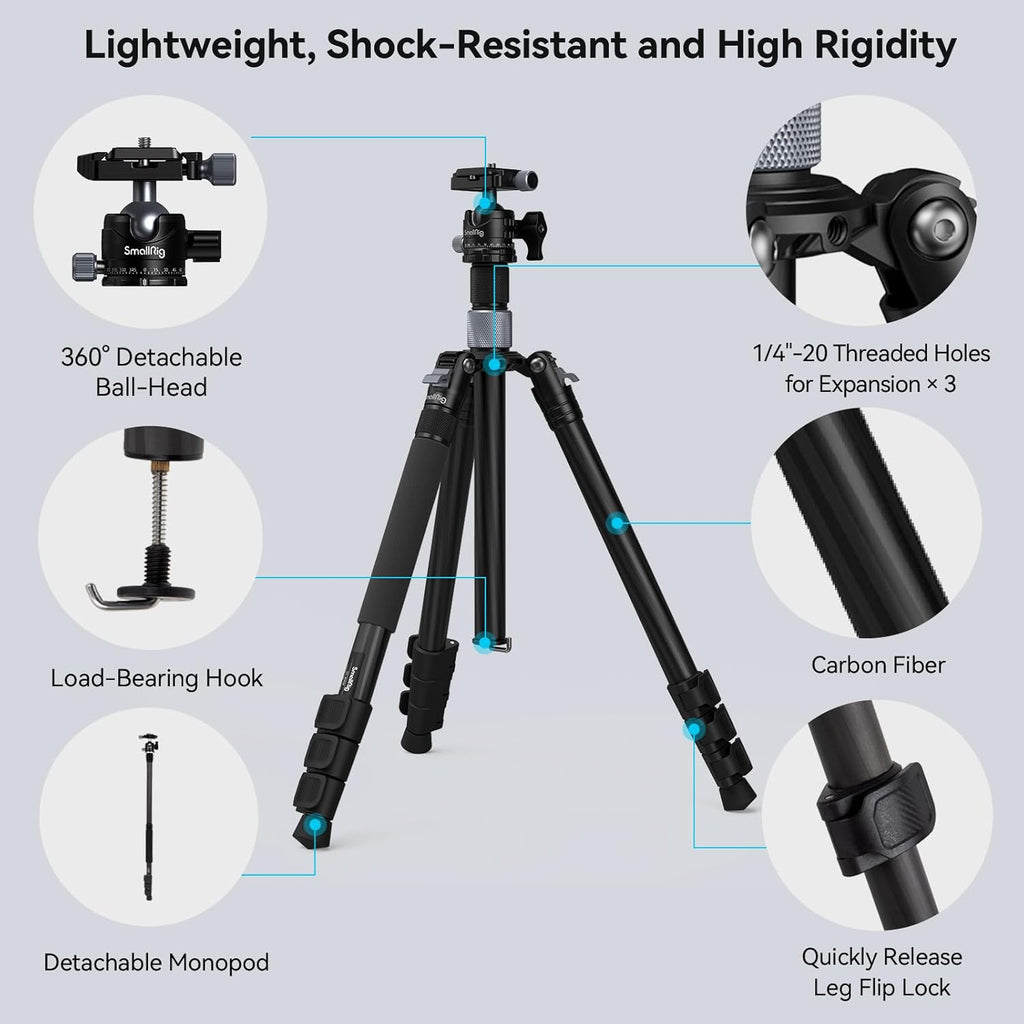 SmallRig AP-20 Carbon Fiber Tripod, 62.2" Camera Tripod Monopod with Center Column, Compact Lightweight Tripods with 360° Ball Head, Payload 26.5 lbs, Quick Release Plate, for DSLR Camera - 4059