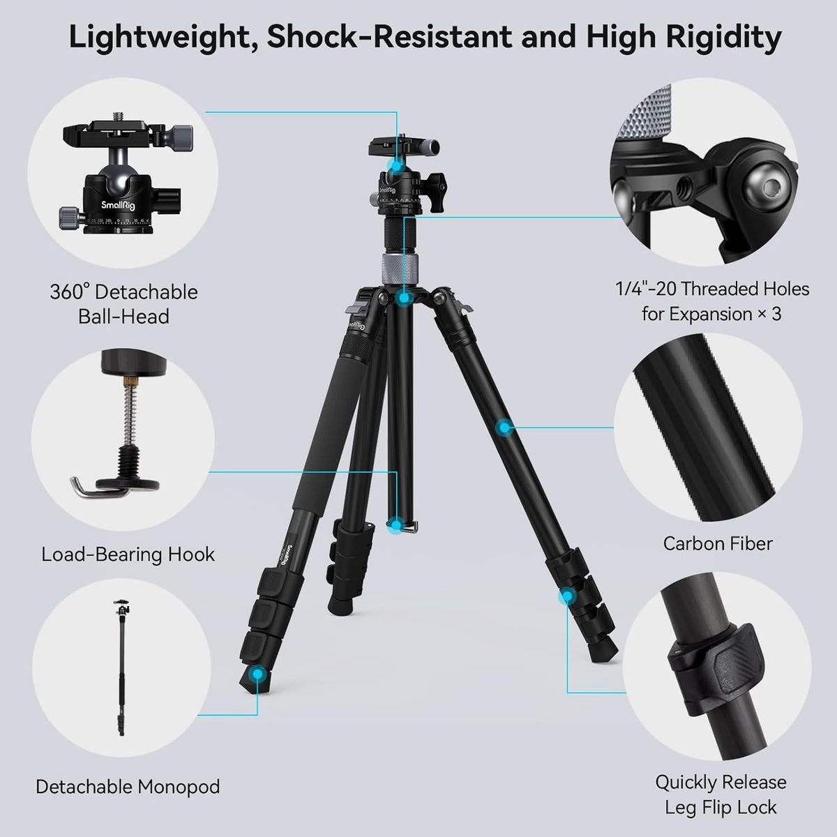 SmallRig AP-20 Carbon Fiber Tripod, 62.2" Camera Tripod Monopod with Center Column, Compact Lightweight Tripods with 360° Ball Head, Payload 26.5 lbs, Quick Release Plate, for DSLR Camera - 4059