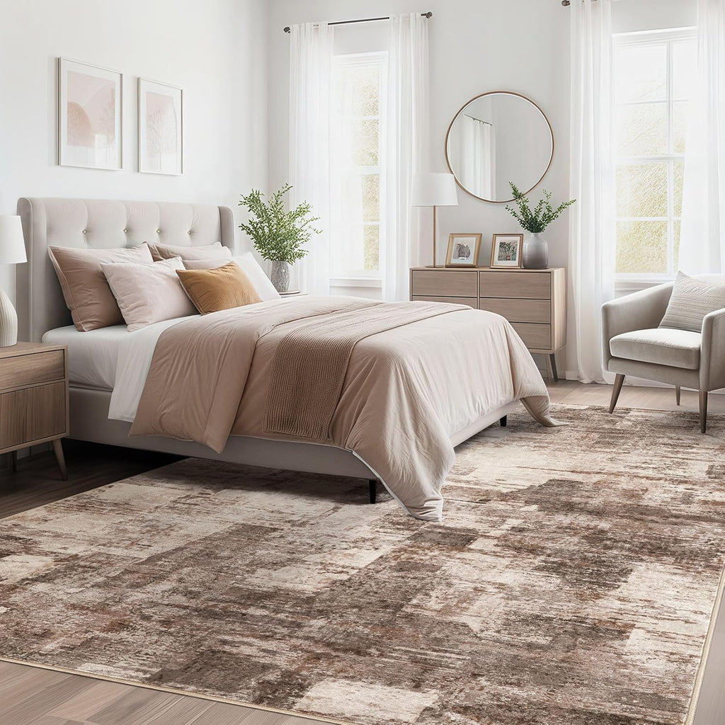 kakania 9x12 Washable Area Rug - Abstract Soft Non-Slip Modern Low-Pile Carpet for Living Room Bedroom Office Dorm, Kid Pet Safe Robot Vacuum Friendly - Brown