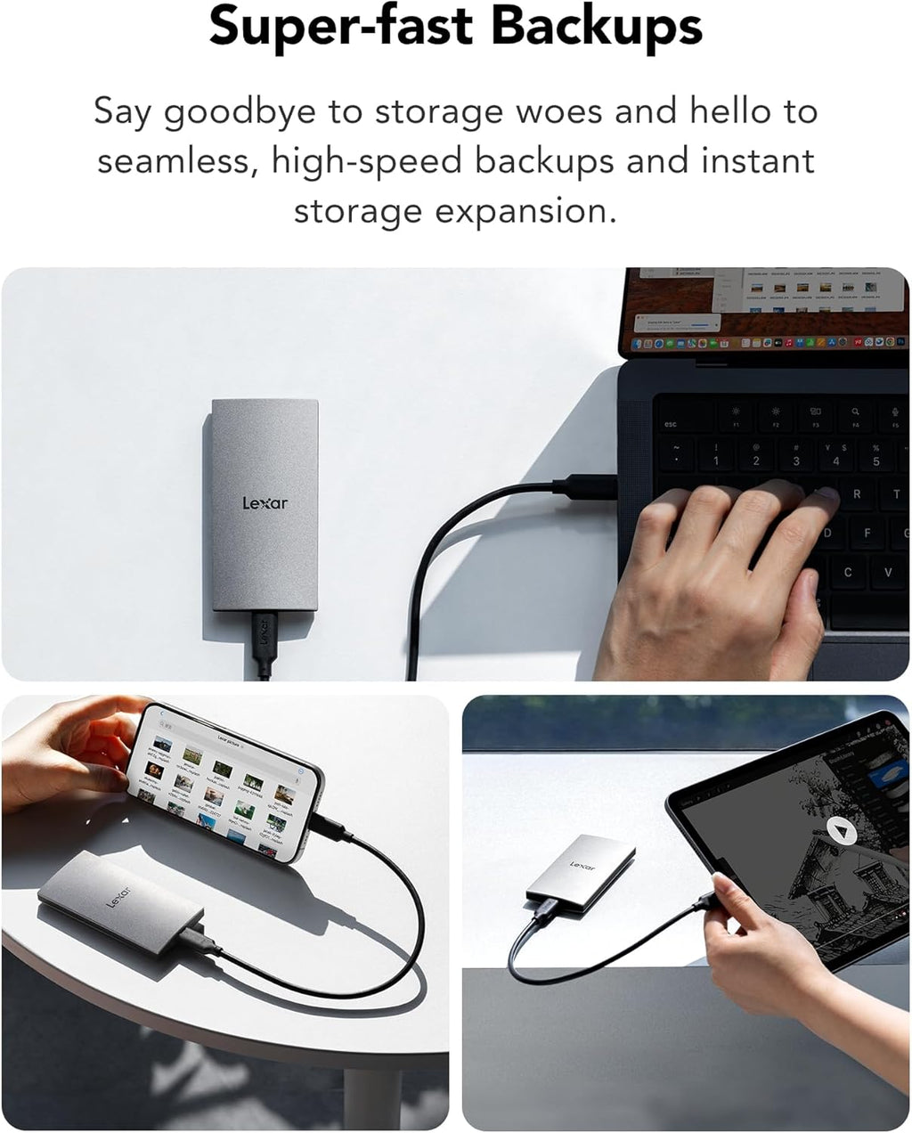 Lexar ES3 1TB External SSD, USB 3.2 Gen2 Portable SSD, PSSD Up to 1050MB/s Read, 1000MB/s Write, External Solid State Drive Compatible with iPhone 16/15 Series/Mac/PS5/XBOX/Laptop/PC, Silver