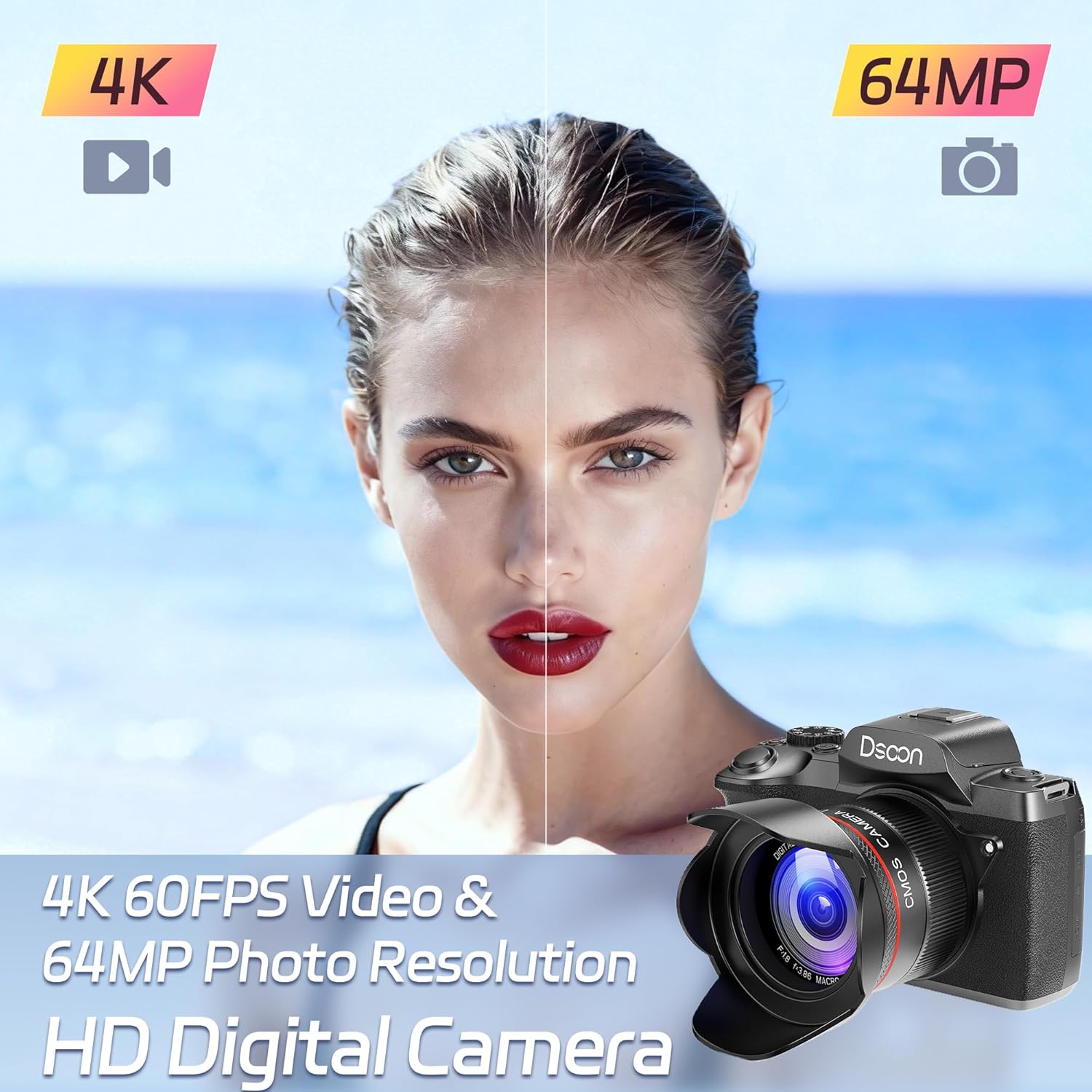 Dsoon Digital Camera,4K 64MP Cameras for Photography with 4”0 Touch Screen,18X Digital Zoom Autofocus Photography Shoot Camera with Dual-Lens,2 Batteries,64GB TF Card,Lens Hood