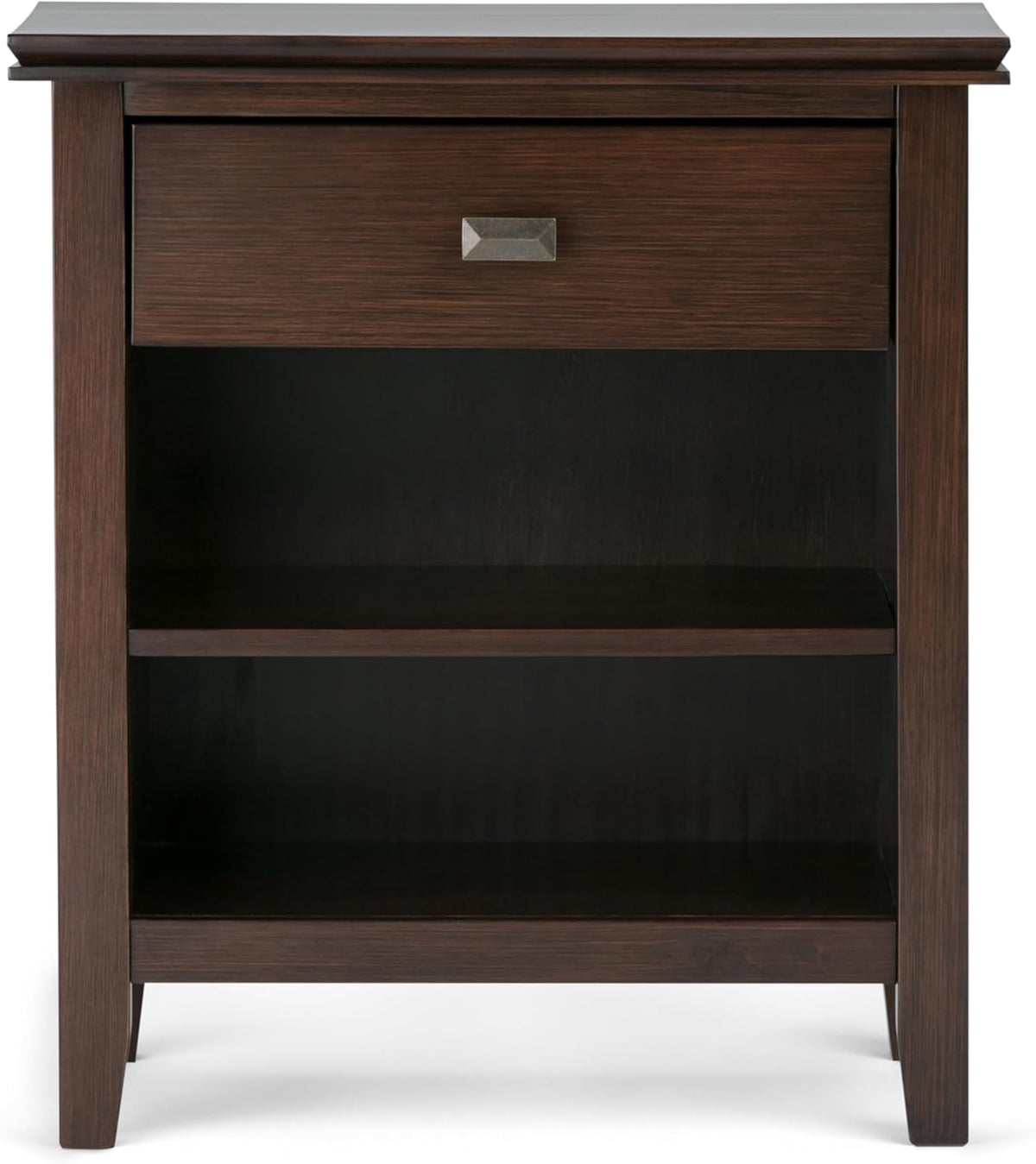 SIMPLIHOME Artisan Bedside Table - 24 inch Wide Solid Wood Nightstand Table in Russet Brown, Transitional Bedroom Side or End Table with 1 Drawer and Open Shelf Storage