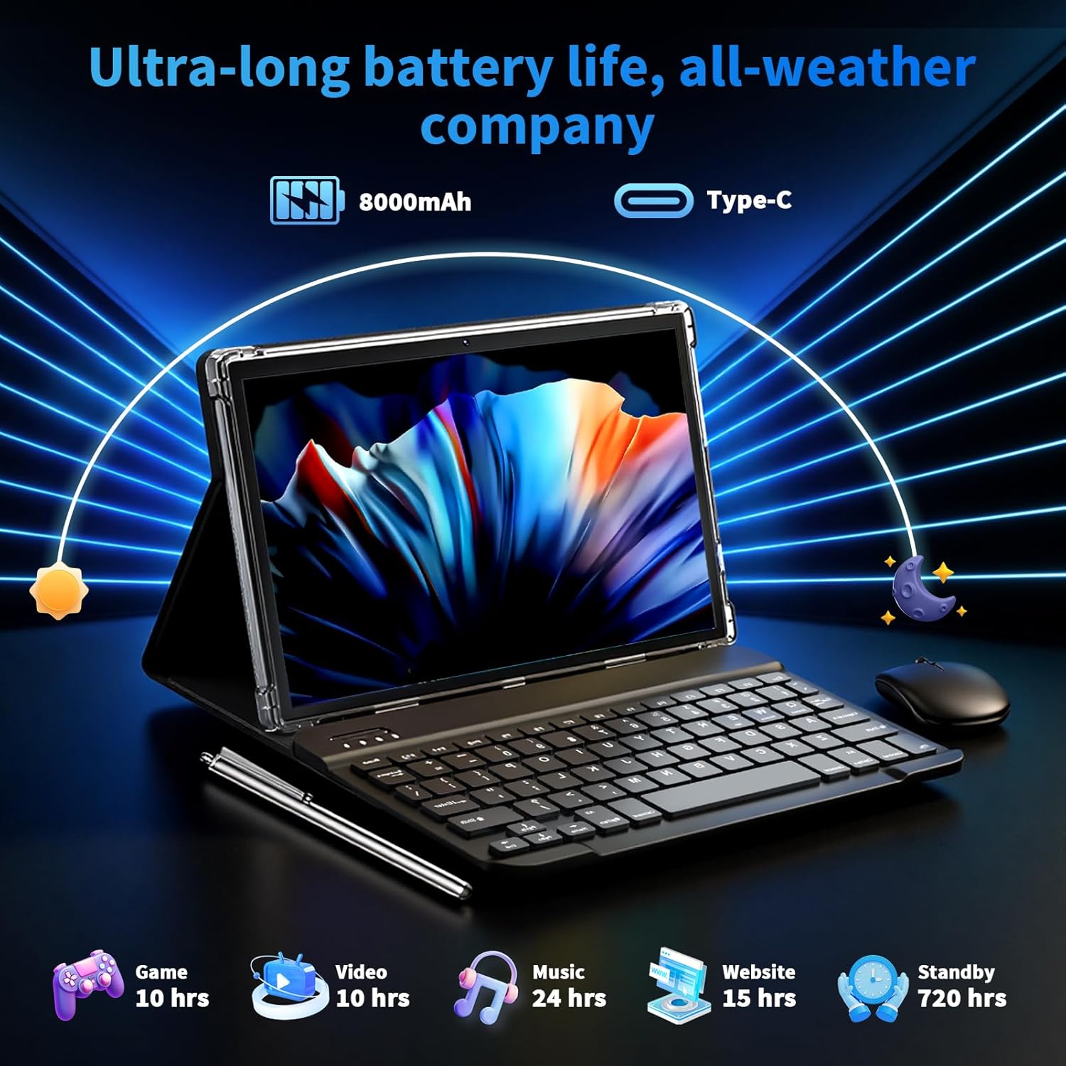 2026 10 Inch Tablet with Keyboard, Android 15 Tablet with Gemini AI, 24GB+256GB+2TB Expand, 2-in-1 Tablets with 8-Core, WiFi, 8000mAh, GMS, GPS, Electronic Tablets PC with Mouse, Case, Stylus (Black)