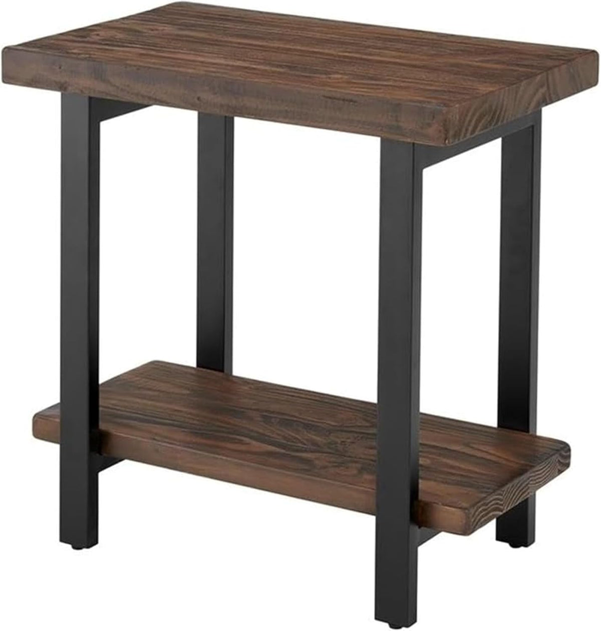 Alaterre Furniture Pomona Living Room 2-Tier Solid Wood End Table with Natural Finish and Metal Legs – Modern Farmhouse Accent or Home Décor (Rustic Brown)