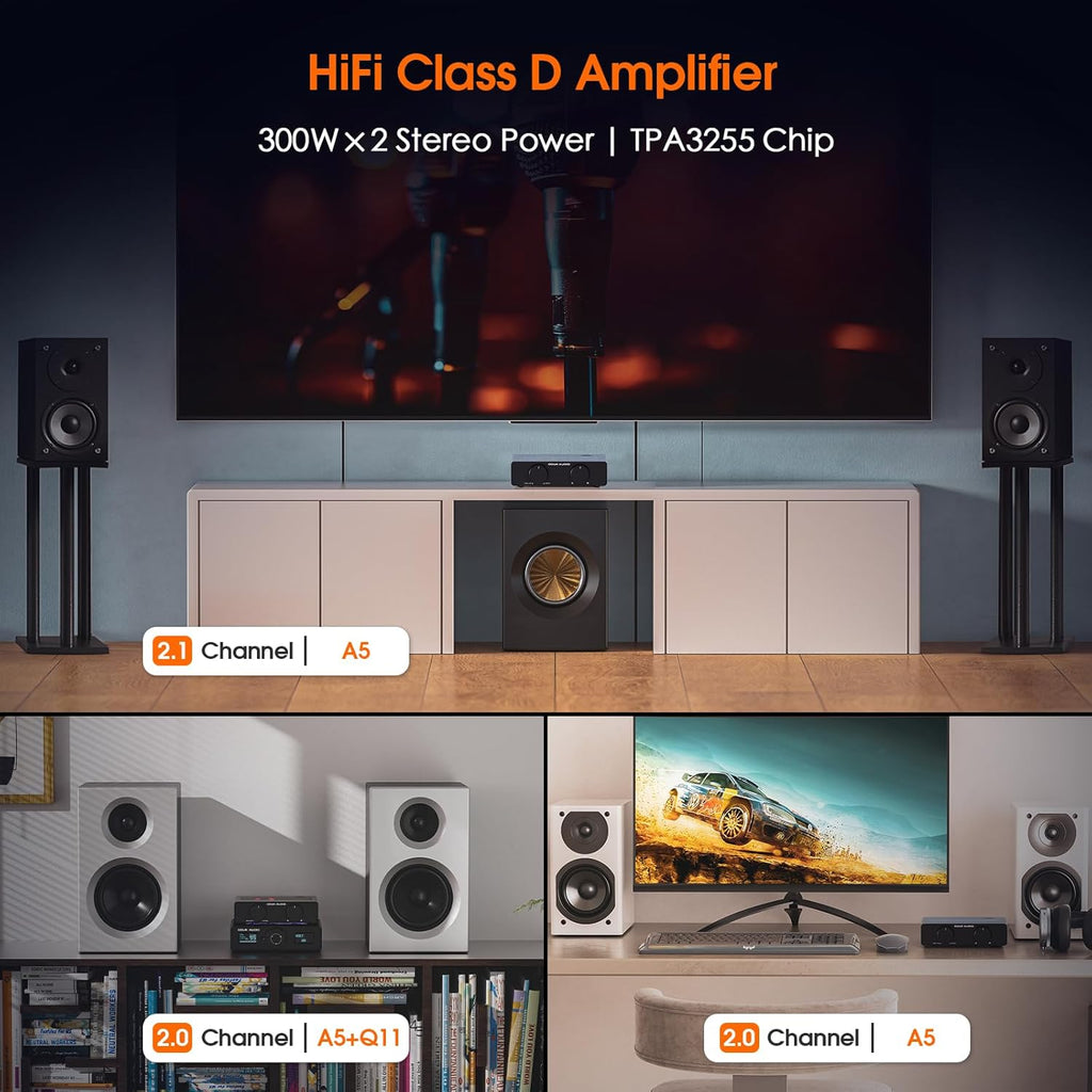 Douk Audio A5 2 Channel TPA3255 Stereo Amp, 300 Watts x2 Mini Hi-Fi Audio Power Amplifier Class D for Home Theater System, Passive Bookshelf Tower Speakers with High-Pass Filter + 48V Power Supply