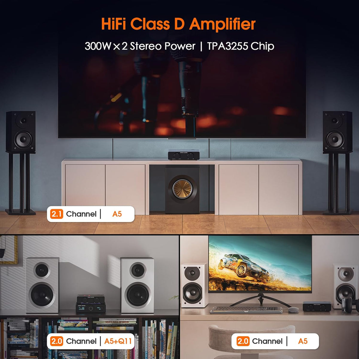 Douk Audio A5 2 Channel TPA3255 Stereo Amp, 300 Watts x2 Mini Hi-Fi Audio Power Amplifier Class D for Home Theater System, Passive Bookshelf Tower Speakers with High-Pass Filter + 48V Power Supply