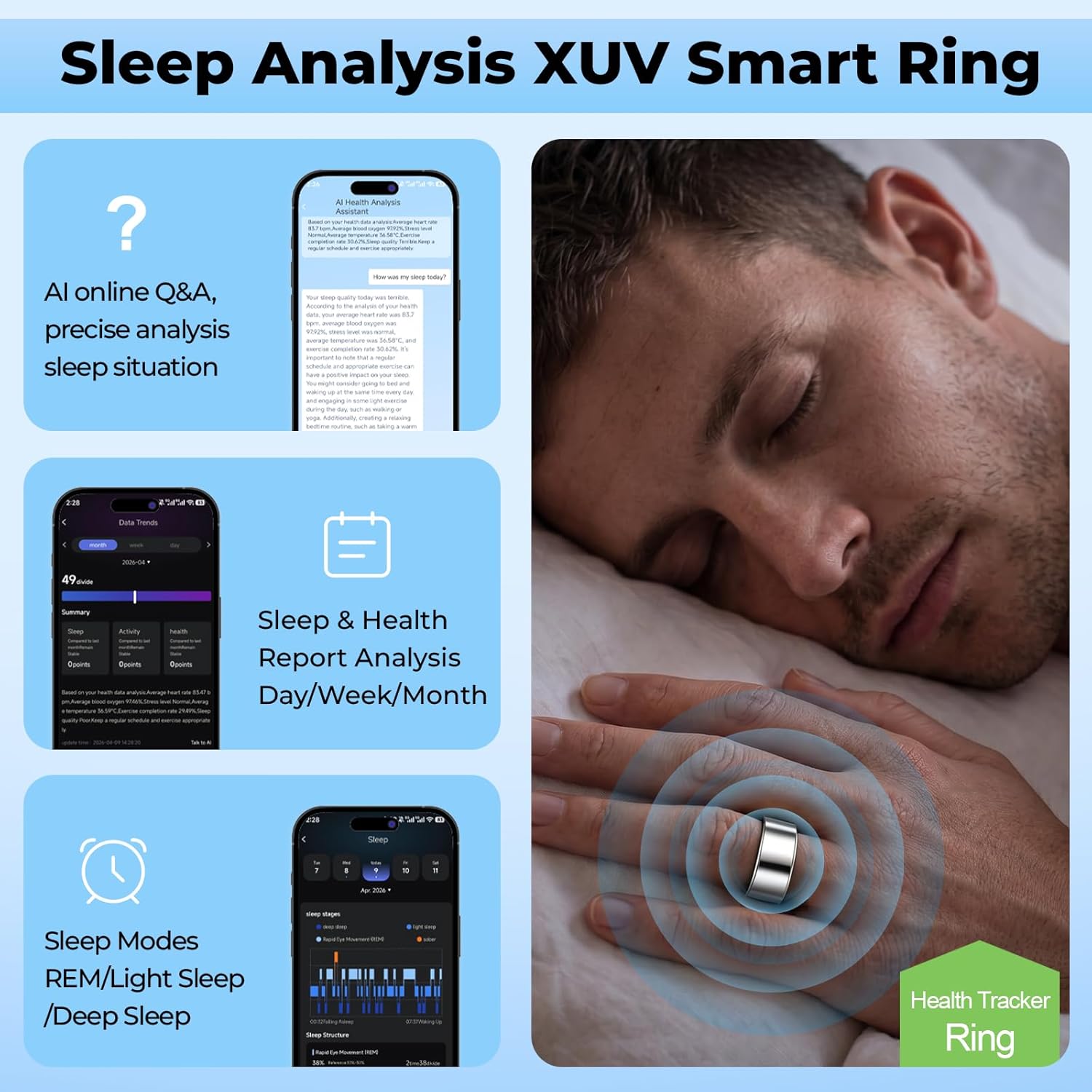 XUV Silver Rings for Women, Waterproof Fitness Tracker Ring with Heart Rate, Blood Oxygen, Sleep, Step Counting, Vibration Alerts AI Smart Ring for Men, No APP Fee for iOS & Android (Silver, 9)