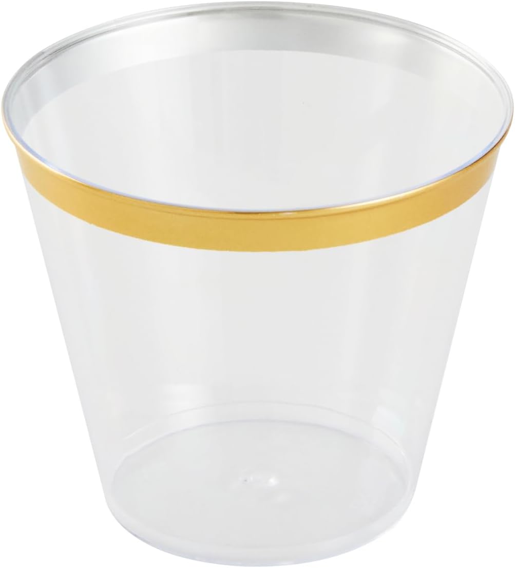 Restaurantware 5 oz Plastic Cups 500 Count Chef 101 Clear Disposable Cup with Gold Rim Drinkware Cold Beverage Tumbler Durable Design for Parties and Events