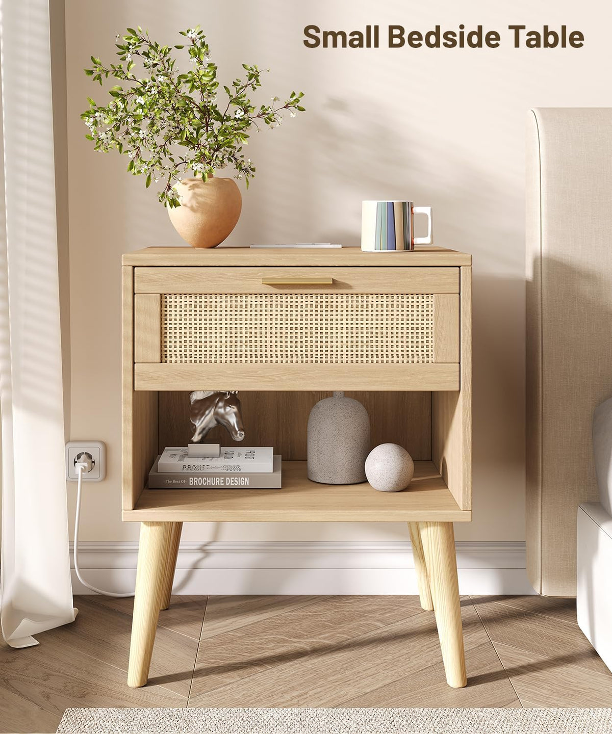 Keehusux 17.7" W x 15.7" D Rattan Nightstand Set of 2, Night Stand with Charging Station, Bedside Table with Open Shelf & Solid Wood Legs, Boho Night Stand with Drawer, End Table for Bedroom, Natural