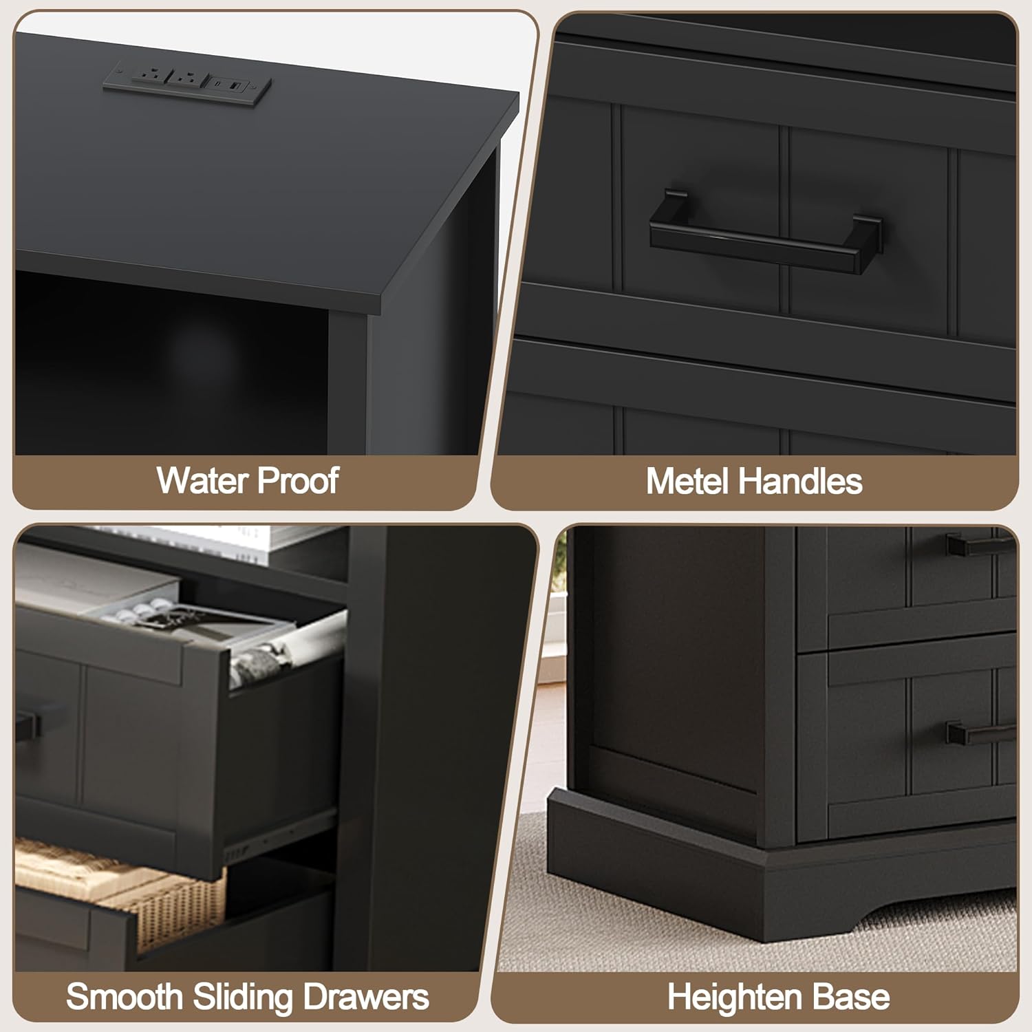 ChooChoo Farmhouse Night Stands with Charging Station, Wood Nightstand Set of 2 with 2 Drawers, Bedside Table with Open Storage Shelf for Bedroom, Black