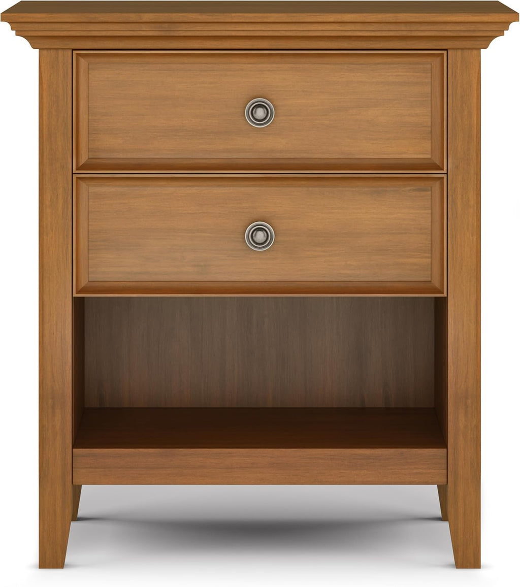 SIMPLIHOME Amherst Bedside Table - 24 inch Wide Solid Wood Nightstand in Light Golden Brown, Transitional Bedroom Side or End Table with 2 Drawers, Open Storage Shelf and Bronze Hardware