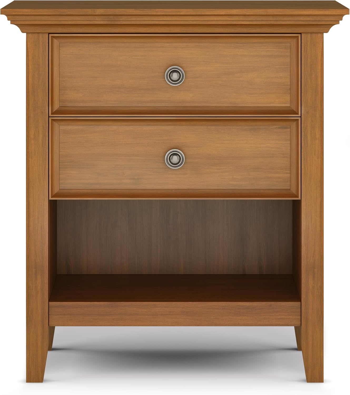 SIMPLIHOME Amherst Bedside Table - 24 inch Wide Solid Wood Nightstand in Light Golden Brown, Transitional Bedroom Side or End Table with 2 Drawers, Open Storage Shelf and Bronze Hardware