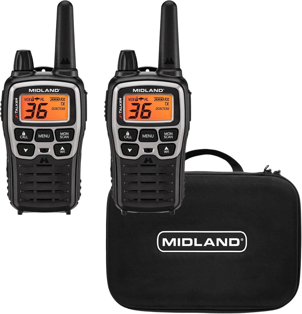 Midland T77VP5 X-TALKER Long Range Walkie-Talkie FRS Two-Way Radio for Camping Overlanding NOAA Weather Scan + Alert, 121 Privacy Codes - Includes Carrying Case & Headset Black/Silver, 2 Radio Bundle