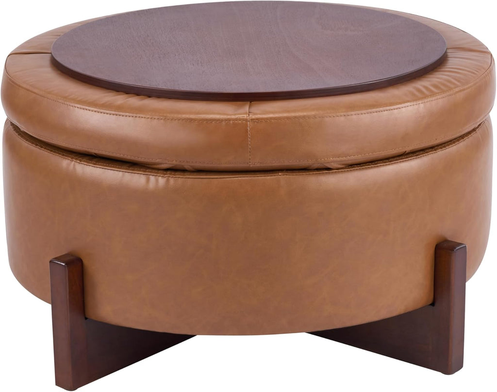 Christopher Knight Home 32" Round Storage Ottoman with Reversible Wooden Lid, Faux Leather Tufted Coffee Table, 2-in-1 Storage Ottoman, Hidden Storage Compartment, Solid Rubber Wood Base, Brown