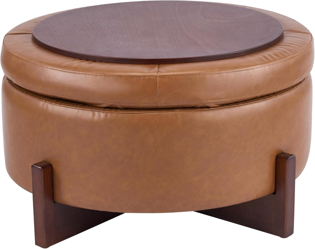 Christopher Knight Home 32" Round Storage Ottoman with Reversible Wooden Lid, Faux Leather Tufted Coffee Table, 2-in-1 Storage Ottoman, Hidden Storage Compartment, Solid Rubber Wood Base, Brown