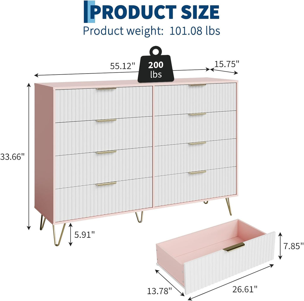 Garvee Fluted Dresser for Bedroom with 8 Drawers,55" Wide Modern Chest of Wooden Bedroom Chest with Metal Handle,Clothes Storage Organizer,Closet Dresser & TV Stand for Living Room,Hallway