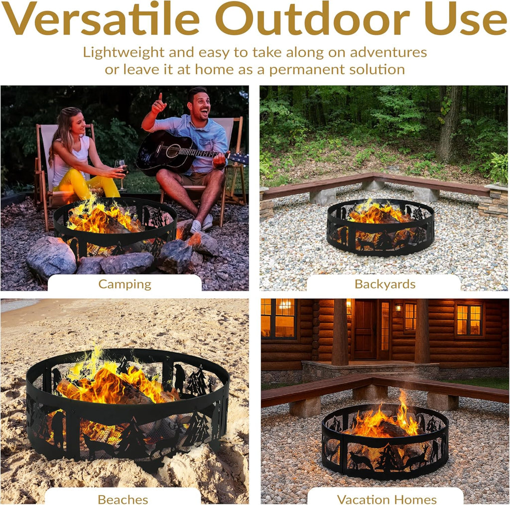 Sunnydaze 36-Inch Outdoor Fire Ring - Portable Metal Fire Pit Ring for Camping or Backyard - 360-Degree Wildlife Cutouts - Forest Wilderness