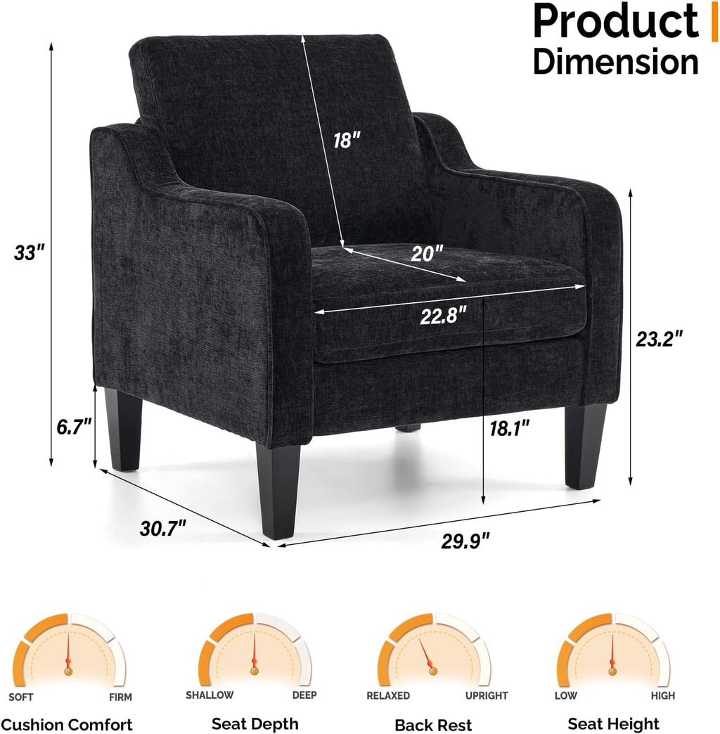 VINGLI Living Room Chairs Set of 2, Black Accent Chair 5.5" Thick Seat Cushion Comfy Chair Soft Chenille Side Chair Upholstered Arm Chair for Bedroom, Play Room, Apartment, Office (Black)