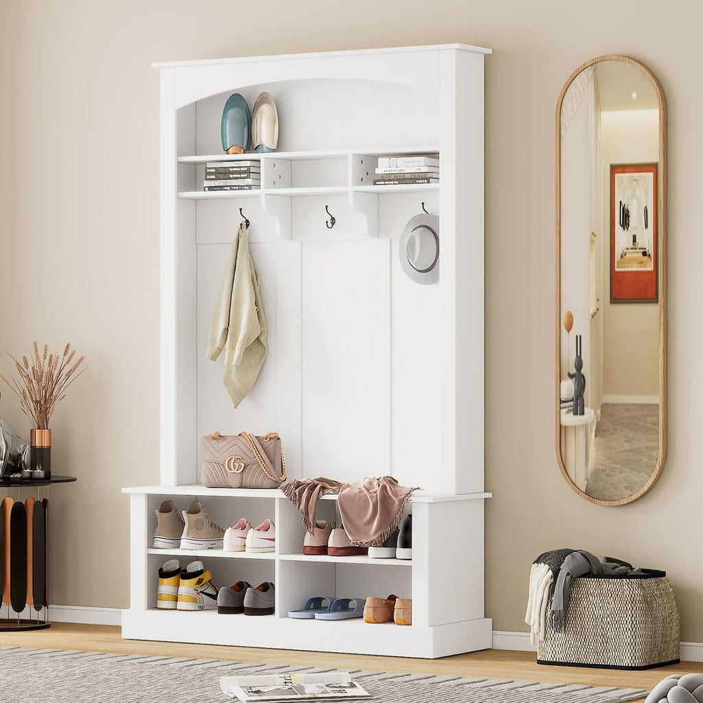 Hall Tree with Bench Shoe Storage Entryway Coat Rack 47.2'' Wide Multi-Functional 3 Hanging Hooks Open Space Rectangle Shelves Farmhouse Boho Furniture Organizer Hallway