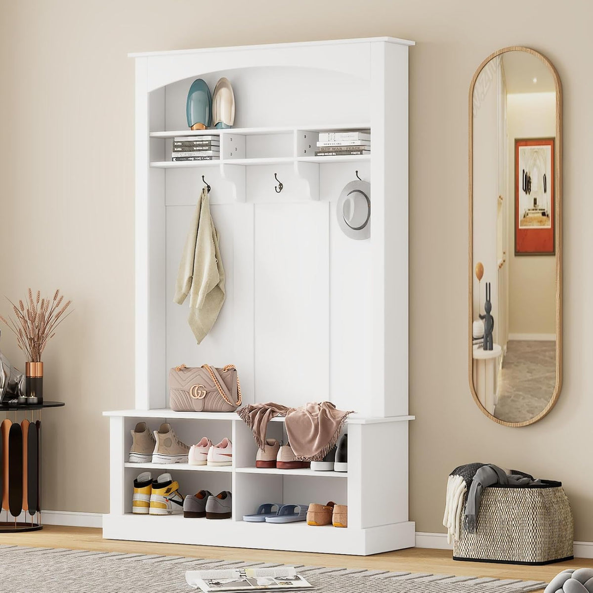 Hall Tree with Bench Shoe Storage Entryway Coat Rack 47.2'' Wide Multi-Functional 3 Hanging Hooks Open Space Rectangle Shelves Farmhouse Boho Furniture Organizer Hallway
