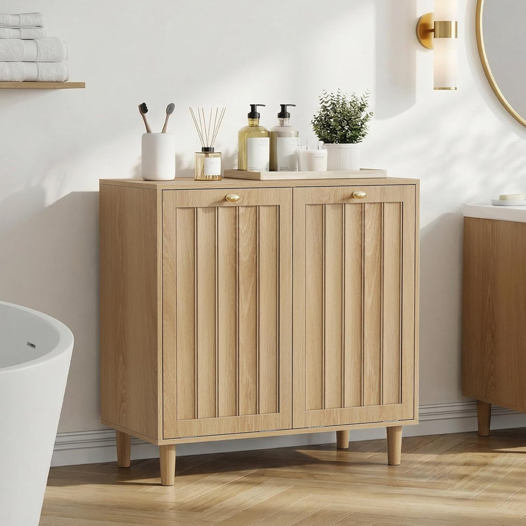 Double Tilt Out Laundry Cabinet,Natural Oak Fluted Finish, Smooth Tilt-Out Hidden Storage, Multi-Functional Organizer for Laundry Room Bathroom Kitchen Utility Space