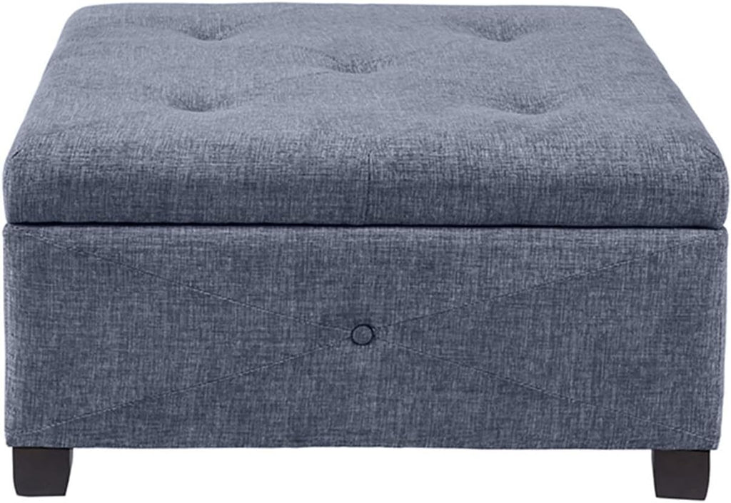 Madison Park Aspen Square Storage Ottoman Bench, Upholstered Textured Fabric Button Tufted Chest with Solid Wood Legs, Accent Furniture for Bedroom Décor, Blue