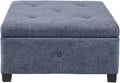Madison Park Aspen Square Storage Ottoman Bench, Upholstered Textured Fabric Button Tufted Chest with Solid Wood Legs, Accent Furniture for Bedroom Décor, Blue