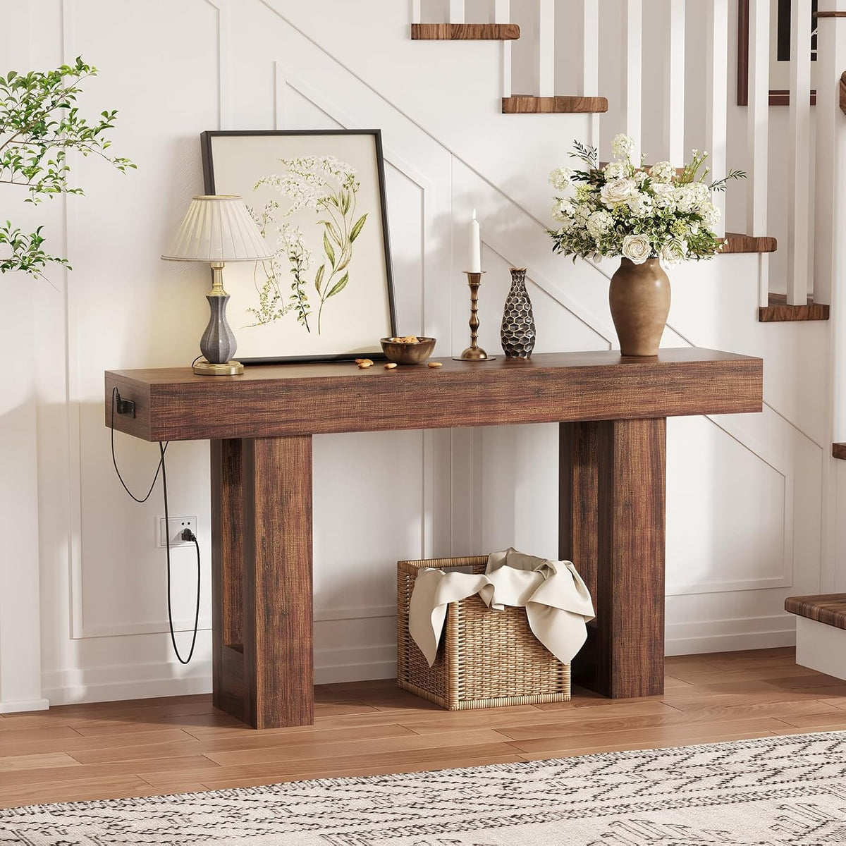 GAOMON 63 Inch Long Entry Table with Power Outlet, Farmhouse Narrow Console Table with Storage Behind Couch for Living Room, Wooden Hallway Foyer Table with Heavy Duty Base, Brown