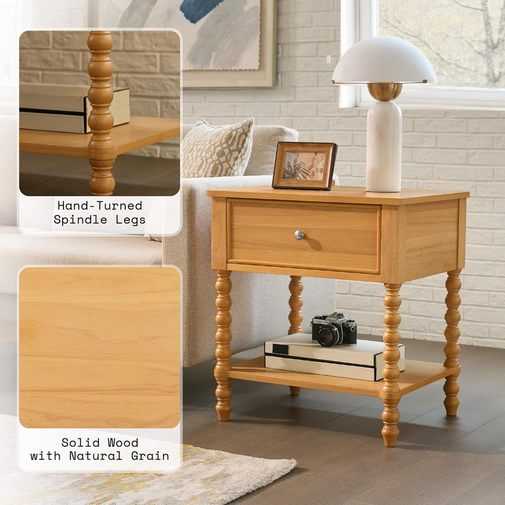AMERLIFE 24" Wood Nightstand Set of 2, Vintage Bedside Table for Bedroom, Solid Wood Night Stand with Turned Legs, End Table with Drawer & Open Shelf, Natural Finish