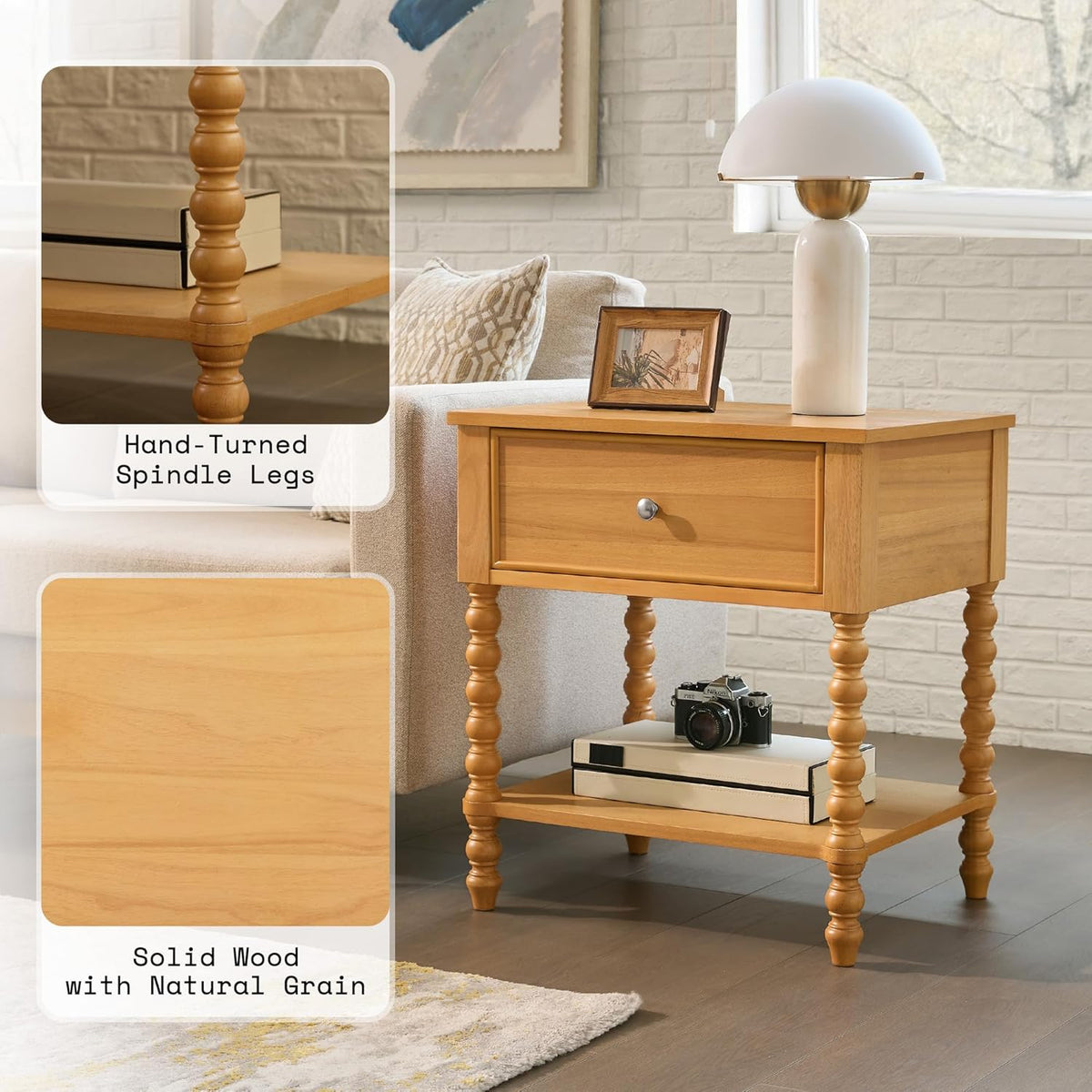 AMERLIFE 24" Wood Nightstand Set of 2, Vintage Bedside Table for Bedroom, Solid Wood Night Stand with Turned Legs, End Table with Drawer & Open Shelf, Natural Finish