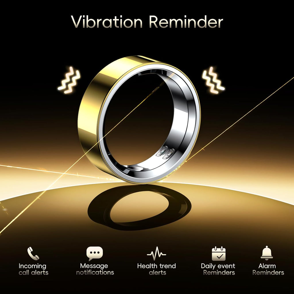 RQZ Smart Ring for Women Men, Fitness Tracker with Heart Rate Tracking, Sleep Tracking, Step Counter, Vibration Alert, 5ATM Waterproof, iOS Android Compatible, Gold Size 9