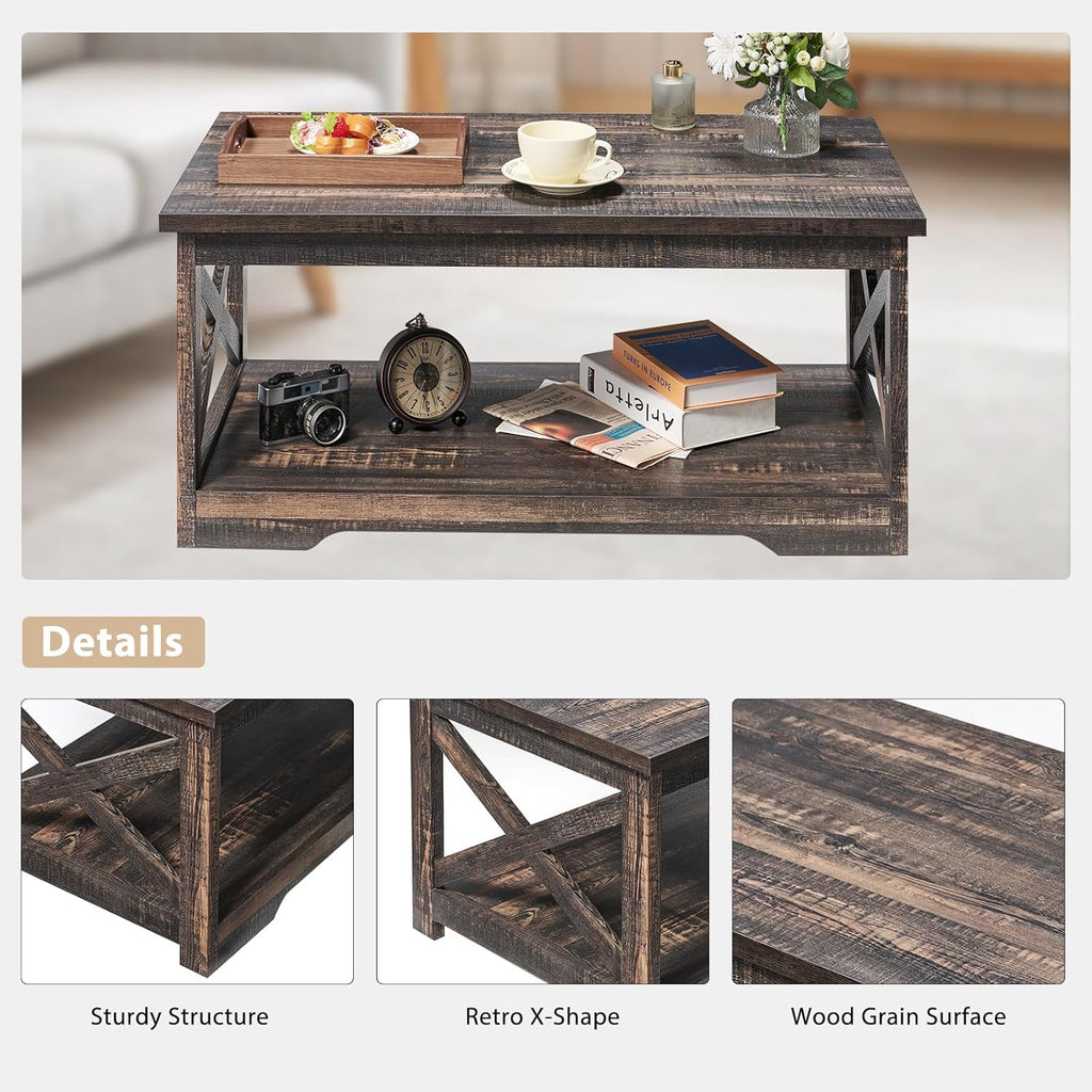 AMERLIFE 5-Piece Farmhouse Table Set Includes Fireplace TV Stand, Coffee Table& Two End Tables with Charging Station and USB Ports, for Living Room, Dark Oak, 63"