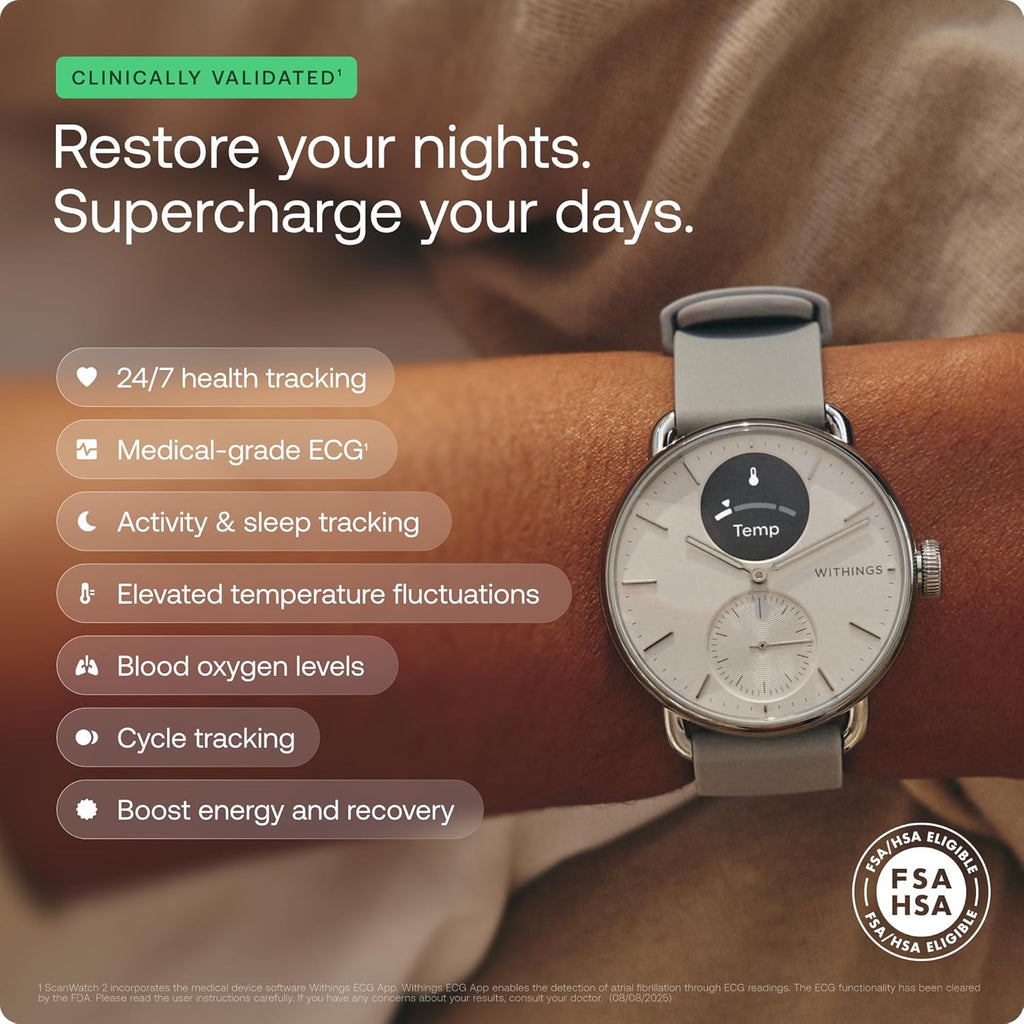 WITHINGS ScanWatch 2 - Hybrid Smart Watch, Heart Rate Monitoring, Fitness Tracker, Cycle Tracker, Sleep Monitoring, GPS Tracker, 30-Day Battery Life, Android & Apple Compatible, HSA/FSA