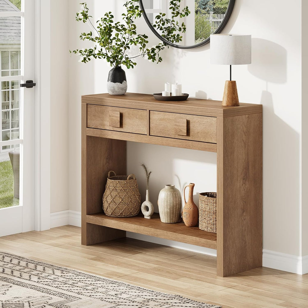 ONBRILL Console Table with Drawers, 40 Inch Narrow Entryway Table with Open Storage Shelves, Mid Century Modern Hallway Accent Tables Behind Couch Table for Living Room (Natural Oak)