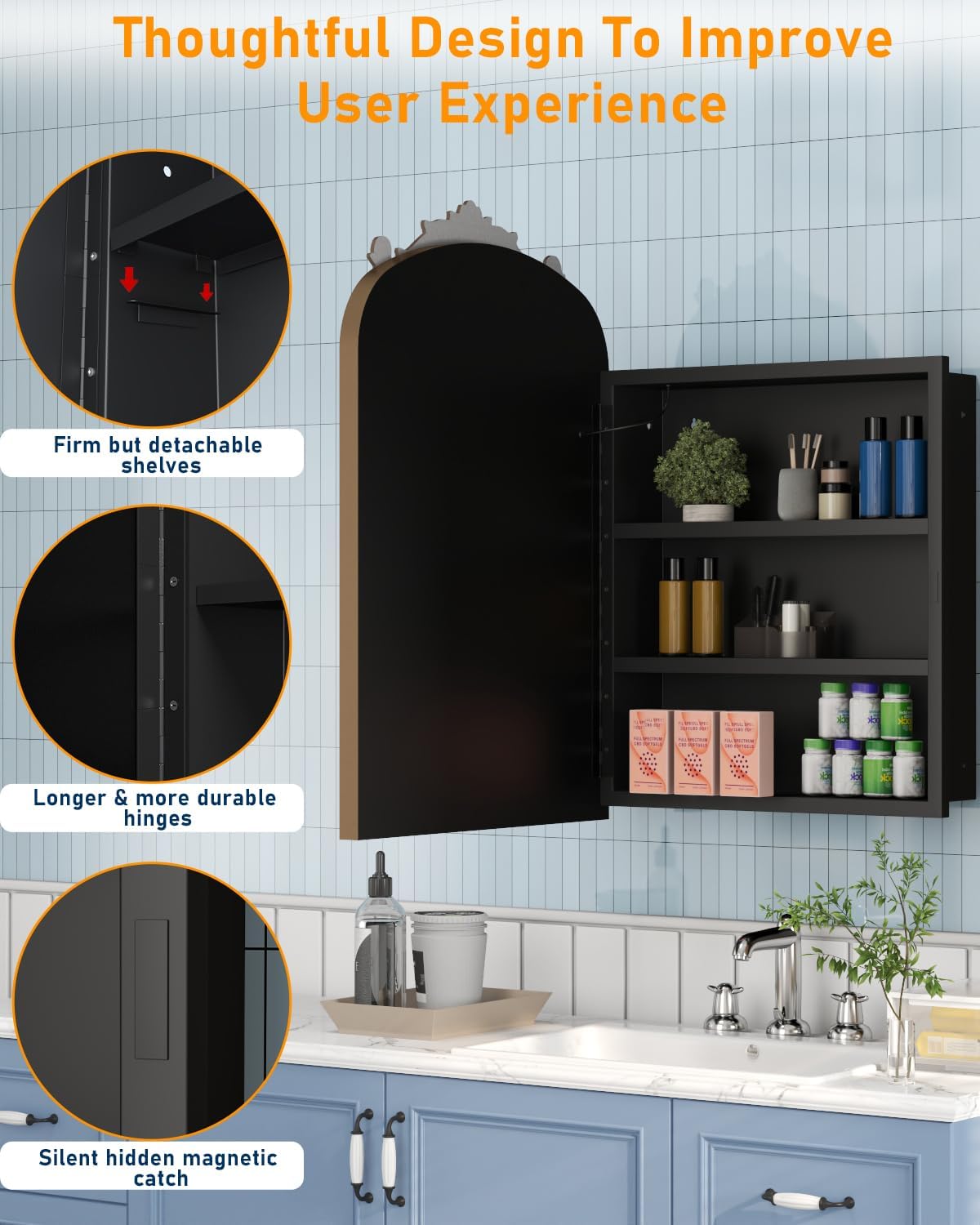 20"x30" LED Bathroom Medicine Cabinet with Mirror and Lights, Bronze Hand-Painted Baroque Bathroom Storage with Mirror, Recessed / Wall Mounted, Dimmable 3 Color Lighting Anti-fog ( with 1 Organizer)