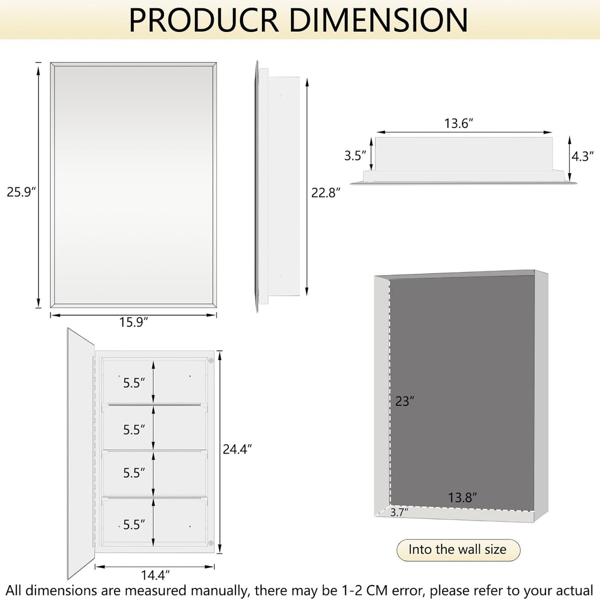 Bathroom Medicine Cabinet with 16x26 in Rectangular Beveled Frameless Mirror,Wall Mounted Mirror Cabinet for Bathroom Toilet Kitchen,Recess or Surface Mount,Already Assembly