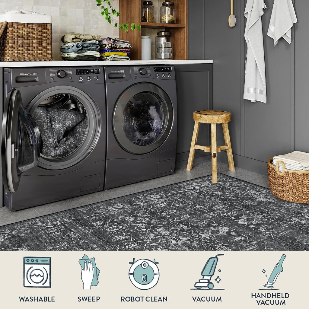 Lahome Margot Area Rugs 9x12 Living Room Soft Large Rugs for Bedroom, Boho Black Dining Room Rug, Distressed Non Slip Low Pile Carpet for Indoor Home Office(9'x12', Black/Grey)