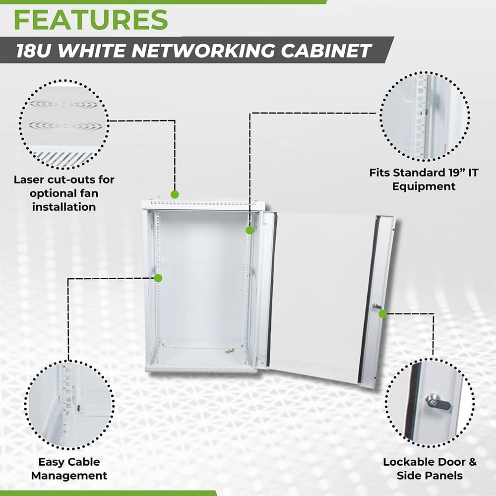 NavePoint 18U Network Cabinet with Glass Door – 18U Wall Mount Server Cabinet White 19” Rack for IT Equipment, AV Devices, Networking Equipment –23” Deep Server Rack Enclosure