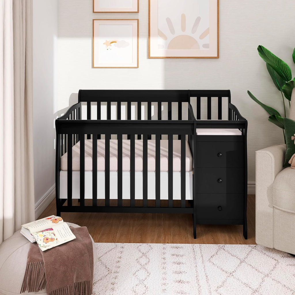 Dream On Me Jayden 4‑in‑1 Mini Convertible Baby Crib & Changer with Storage in Black, Pinewood, GreenGuard Gold & BSA, 1” Mattress Pad, 3 Mattress Heights, Converts to Mini Day & Twin-Size Bed