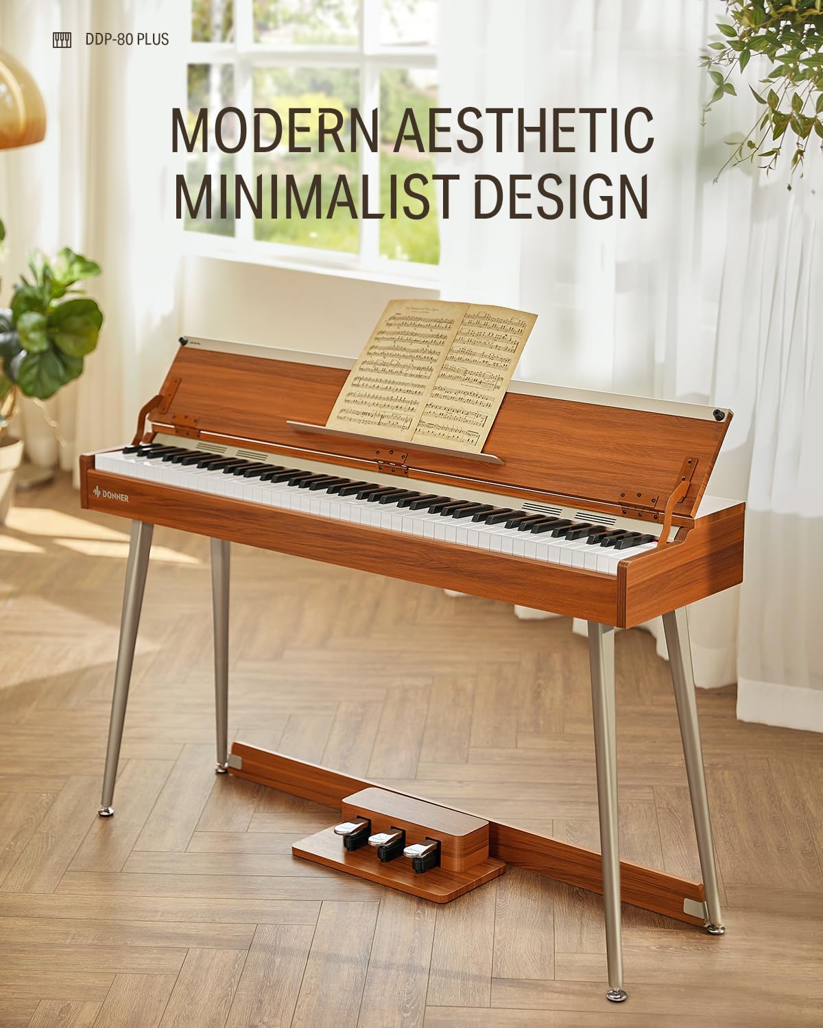 Donner DDP-80 PLUS Digital Piano 88 Key Weighted Keyboard, Home Electric Piano, Supports USB-MIDI & Headphones Connection, Semi-open Cover Designed, with Metal Three Pedal, Power Adapter